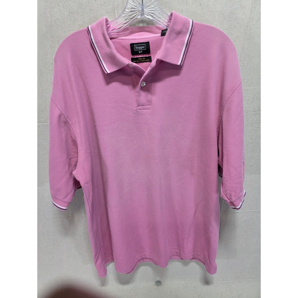 Haggar Golf Cool 18 Polo Shirt Mens Large Pink Short Sleeve Pique Knit Tipped